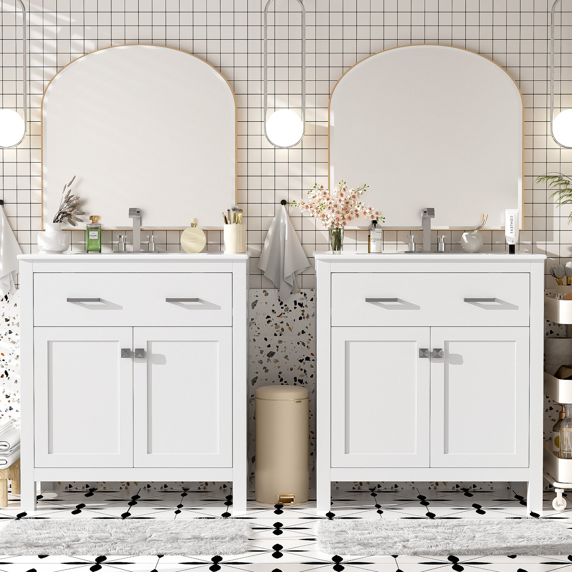 60" Modern White Bathroom Vanity Set with Double Vanities (Separate), Double Ceramic Sinks, Adjustable Shelf, Soft Close Doors and Flip Drawer– Modern Bathroom Solution for Spacious Bathrooms