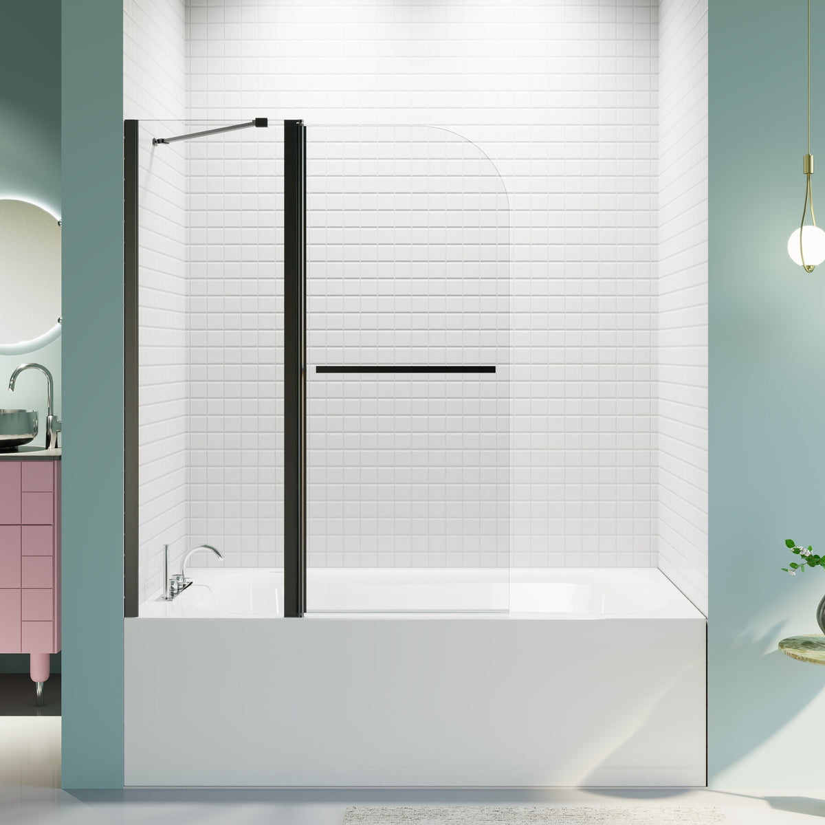 43 in. W * 58 in. H Frameless Folding Shower Doors for Bathtub, 1/4" (6mm) Thick SGCC Tempered Glass Door, Bathroom Pivot Tub Glass Door, Matte Black