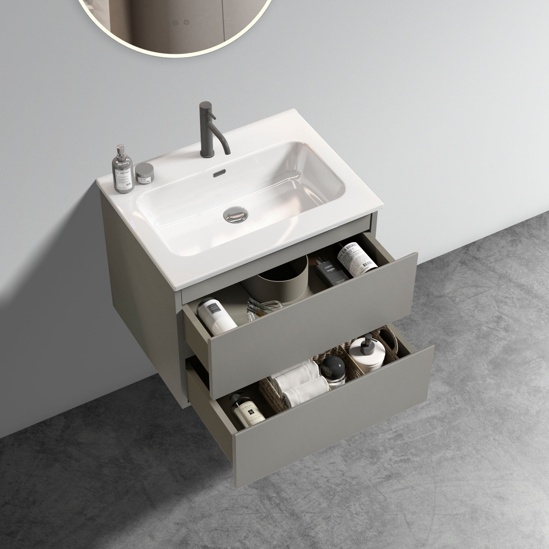 TIA 24" Wall Mounted Space grey  Bathroom Vanity with Ceramic Sink with one faucet hole, Large Storage Floating Bathroom Vanity for Modern Bathroom, Pre-assembled