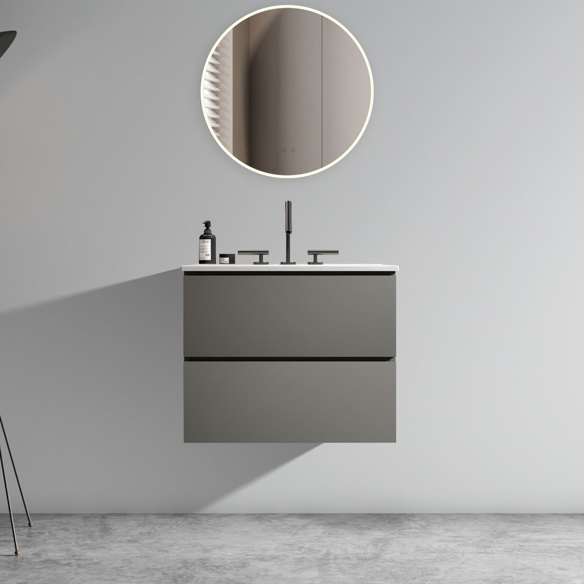 TIA 24" Wall Mount Space Grey Bathroom Vanity with Ceramic Sink with Three Faucet Holes, Large Storage Floating Bathroom Vanity for Modern Bathroom, One-Piece Sink Basin without Drain, Pre-assembled