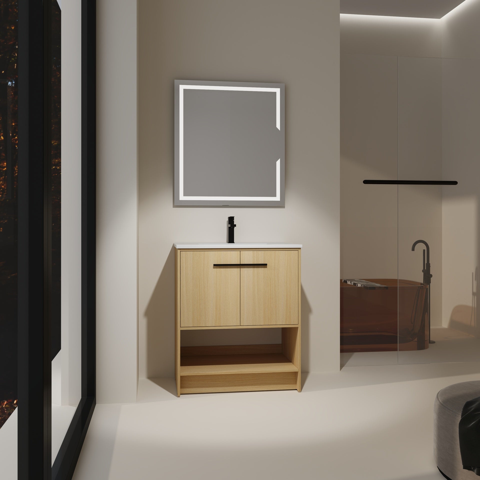 30" Bathroom Vanity with Ceramic Sink, 2 Soft Closing Doors, Freestanding Bathroom Cabinet Vanity, Plywood