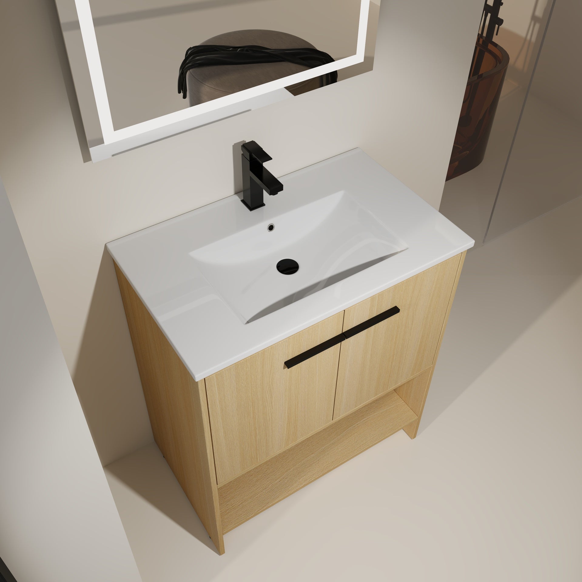 30" Bathroom Vanity with Ceramic Sink, 2 Soft Closing Doors, Freestanding Bathroom Cabinet Vanity, Plywood