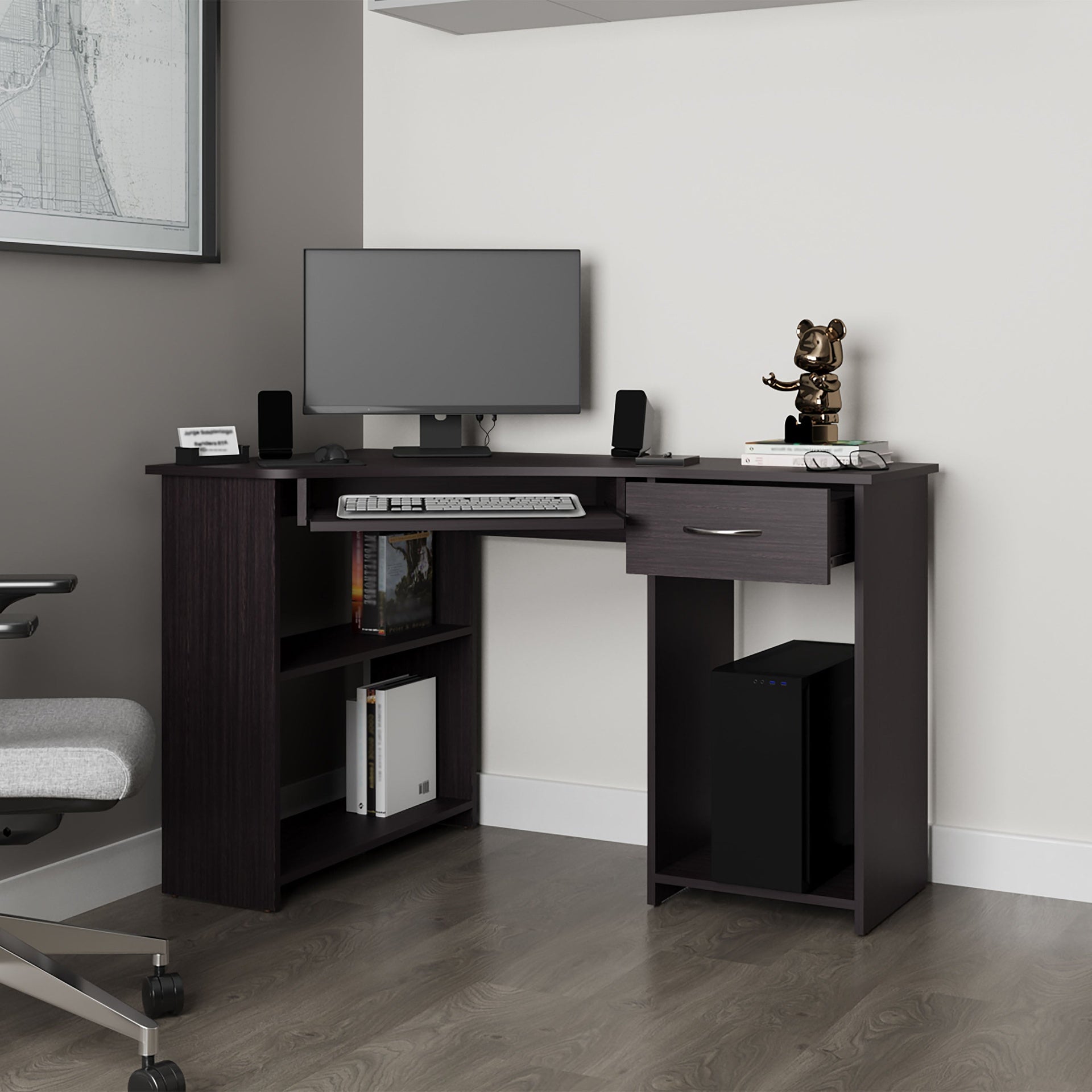 Wenge Corner Computer Desk L-Shaped with Drawer and Shelf