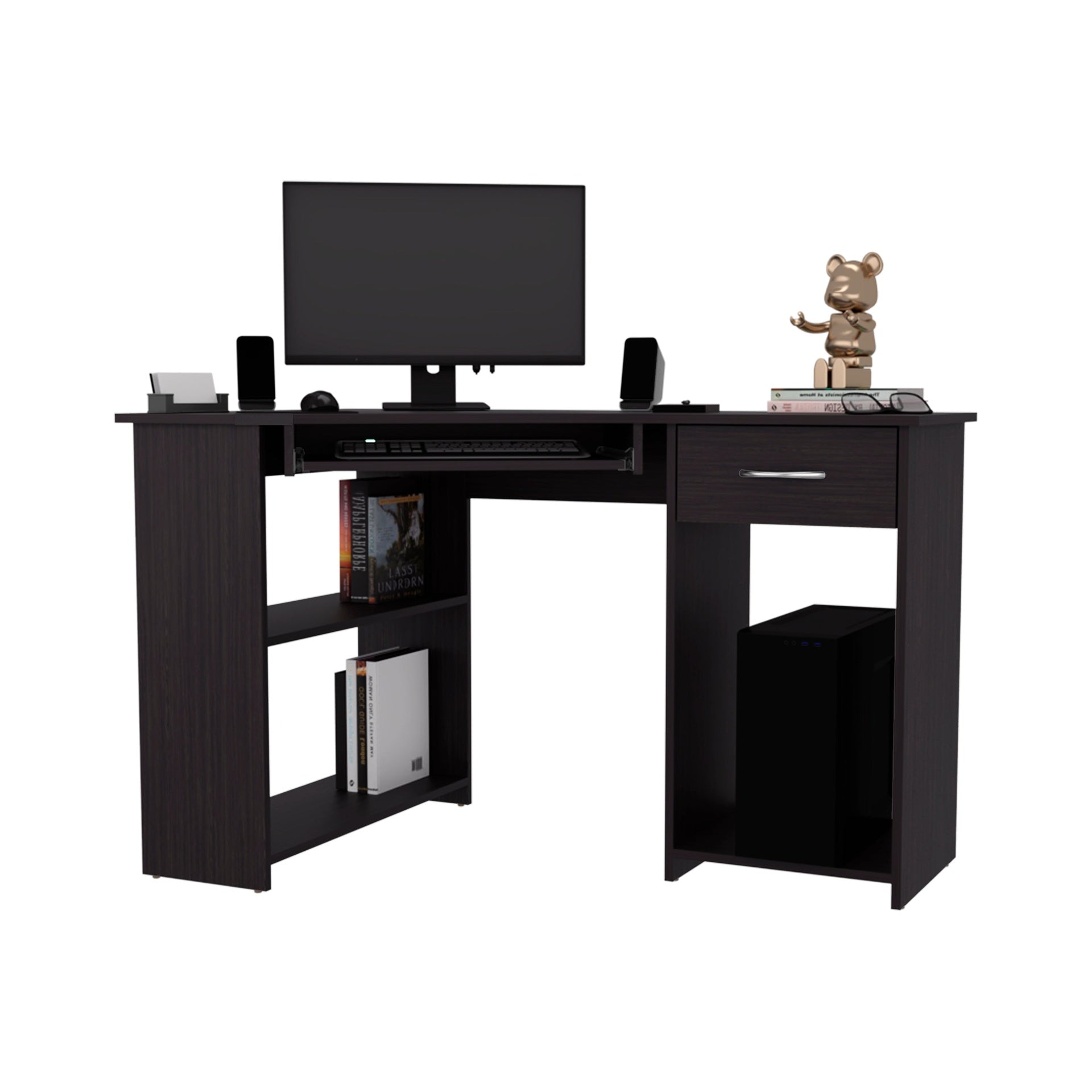 Wenge Corner Computer Desk L-Shaped with Drawer and Shelf