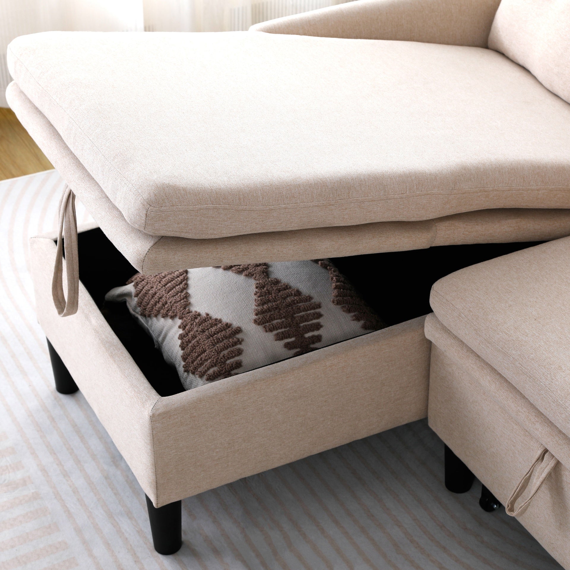 L-Shaped Reversible Chaise Sectional Sofa with Storage - Cotton-Linen, Beige, Office & Apartment Ready