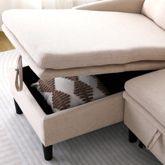 L-Shaped Reversible Chaise Sectional Sofa with Storage - Cotton-Linen, Beige, Office & Apartment Ready