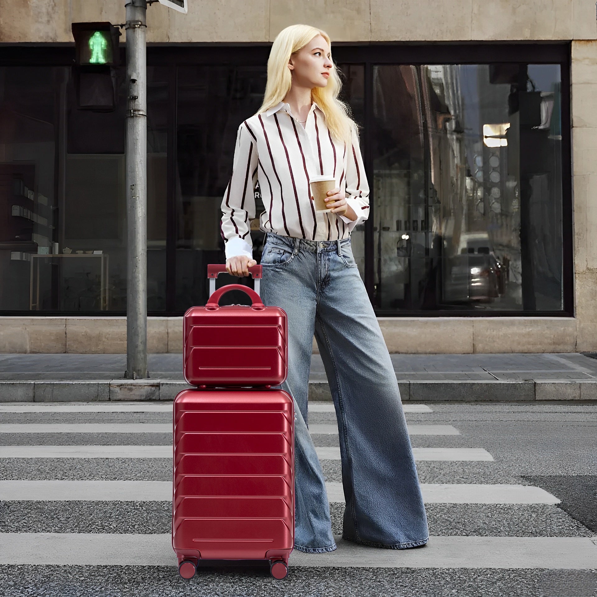 14"/20" 2 pcs/set in ABS Spinner Wheel Luggage, with Combination Lock,14" Cosmetic Case (WINE RED)