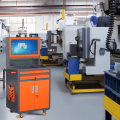 Industrial PC Cabinet Metal Computer Cabinet Industrial Mobile Security LCD Computer Cabinet Enclosure, gray orange, suitable for up to 27-inch monitors