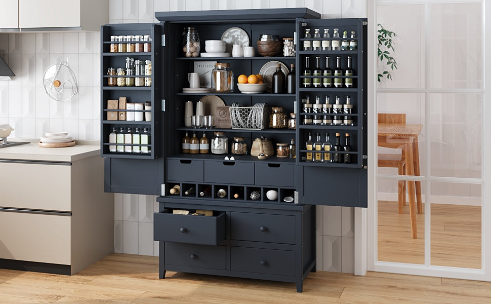 [Assembly&Show Video Available] TOPMAX Freestanding Large Kitchen Pantry Wooden Kitchen Storage Cabinet Cupboard with 8 Door Shelves,3 Adjustable Shelves,7 Drawers& 8 Wine Racks, Gray