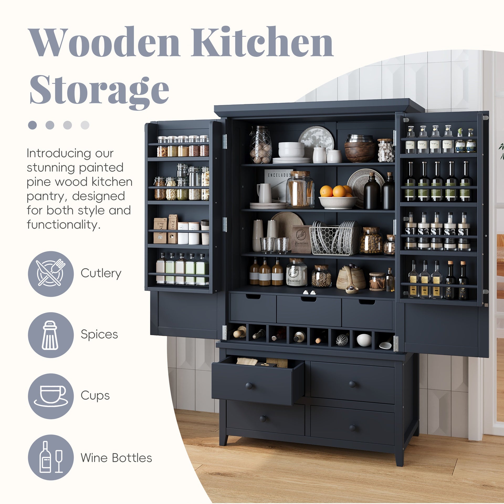 [Assembly&Show Video Available] TOPMAX Freestanding Large Kitchen Pantry Wooden Kitchen Storage Cabinet Cupboard with 8 Door Shelves,3 Adjustable Shelves,7 Drawers& 8 Wine Racks, Gray