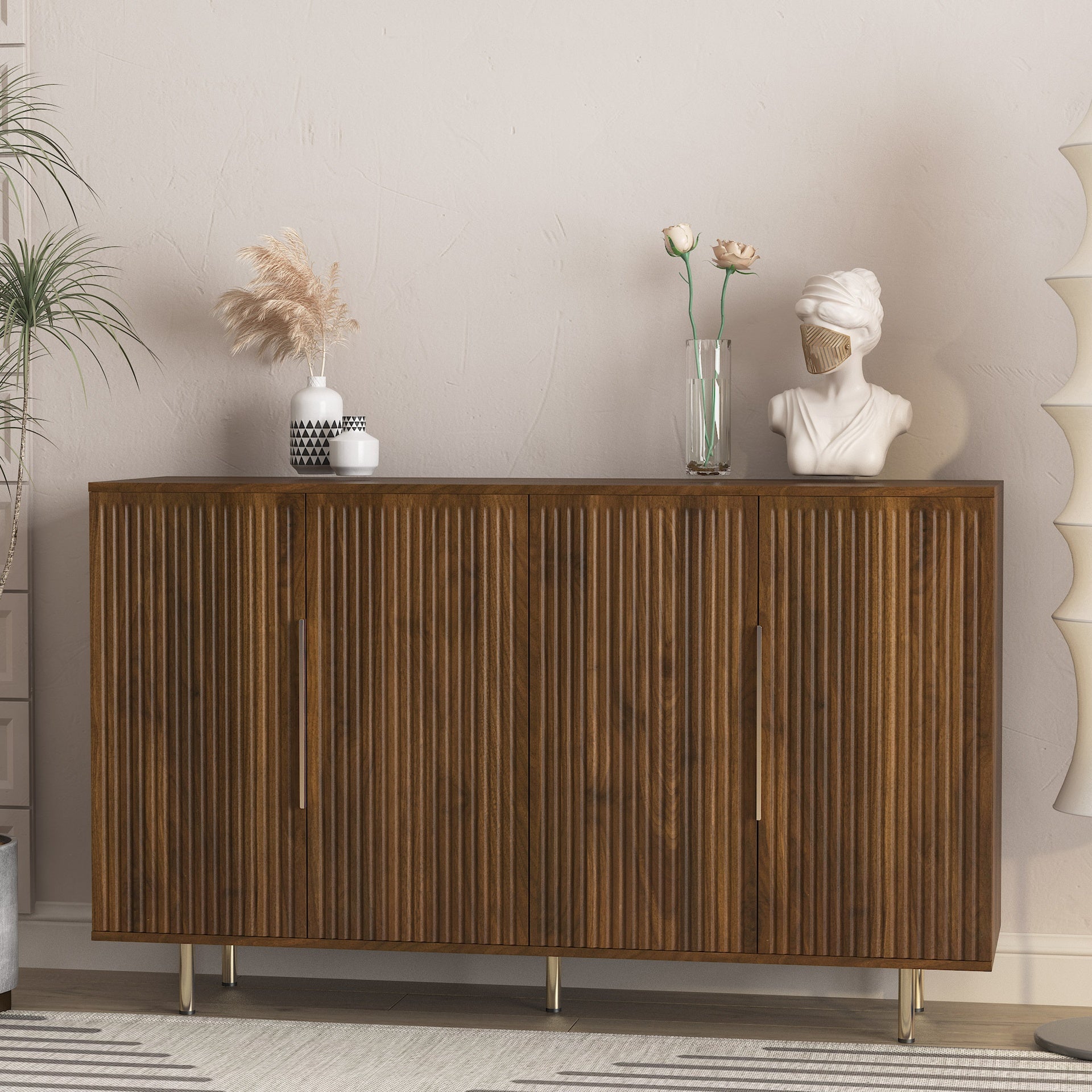 Wood Modern Buffet Cabinet with Storage, Fluted Sideboard Large Buffet with Adjustable Shelves, Credenza, Accent Cabinet Console Table