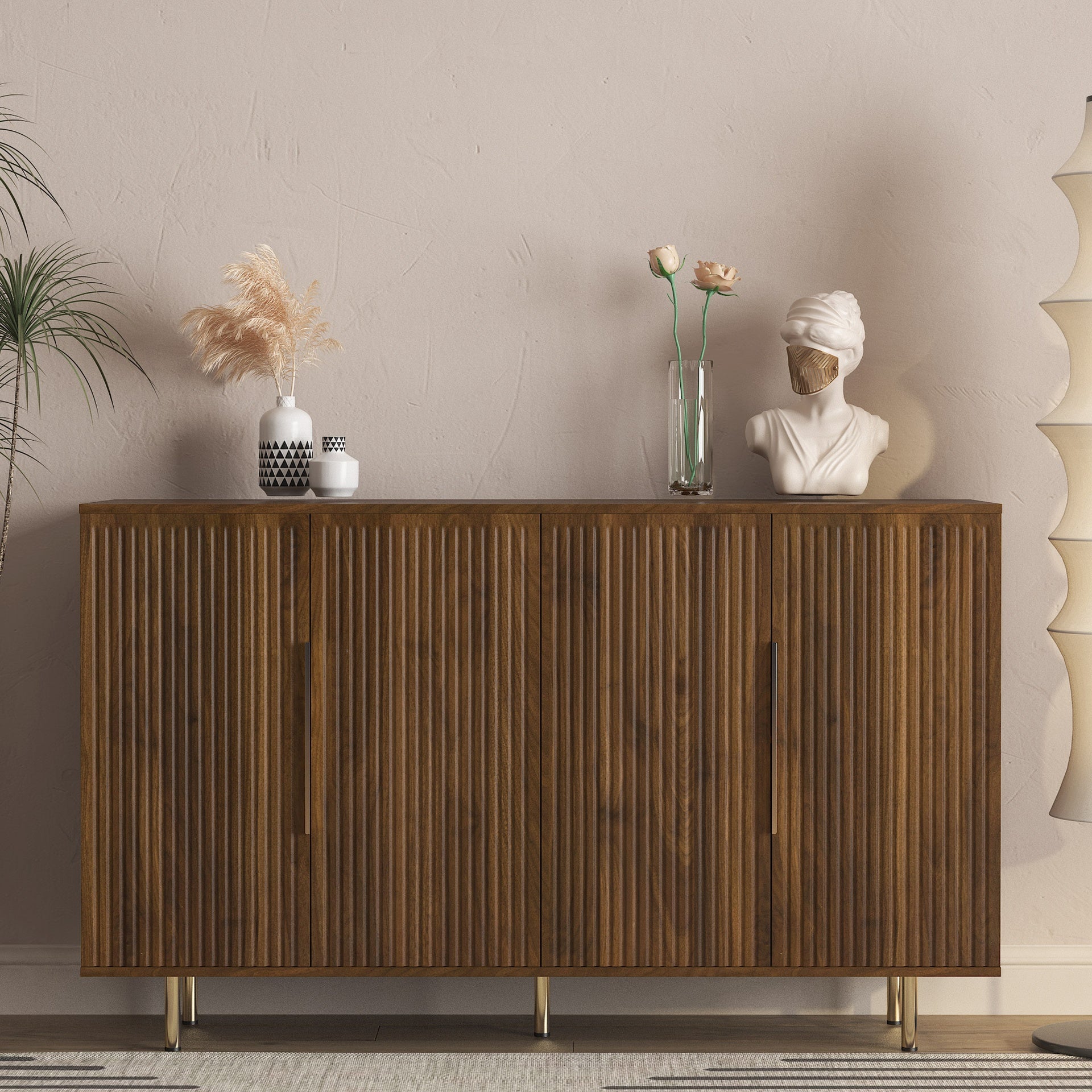 Wood Modern Buffet Cabinet with Storage, Fluted Sideboard Large Buffet with Adjustable Shelves, Credenza, Accent Cabinet Console Table