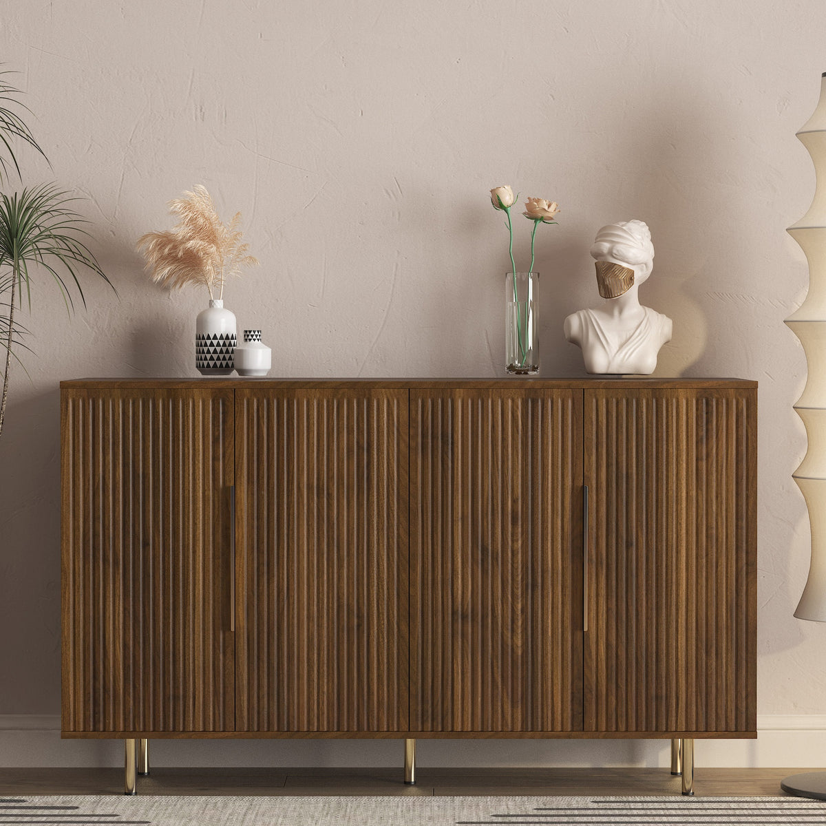 Wood Modern Buffet Cabinet with Storage, Fluted Sideboard Large Buffet with Adjustable Shelves, Credenza, Accent Cabinet Console Table