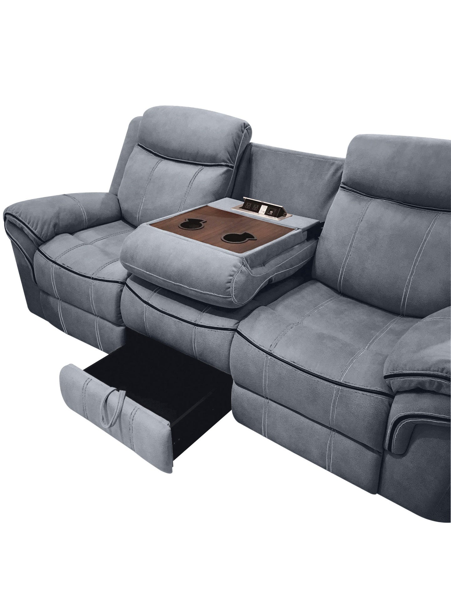 Zubaida Two Tone Gray Velvet Recliner Sofa w/USB Port & Drop Down Table