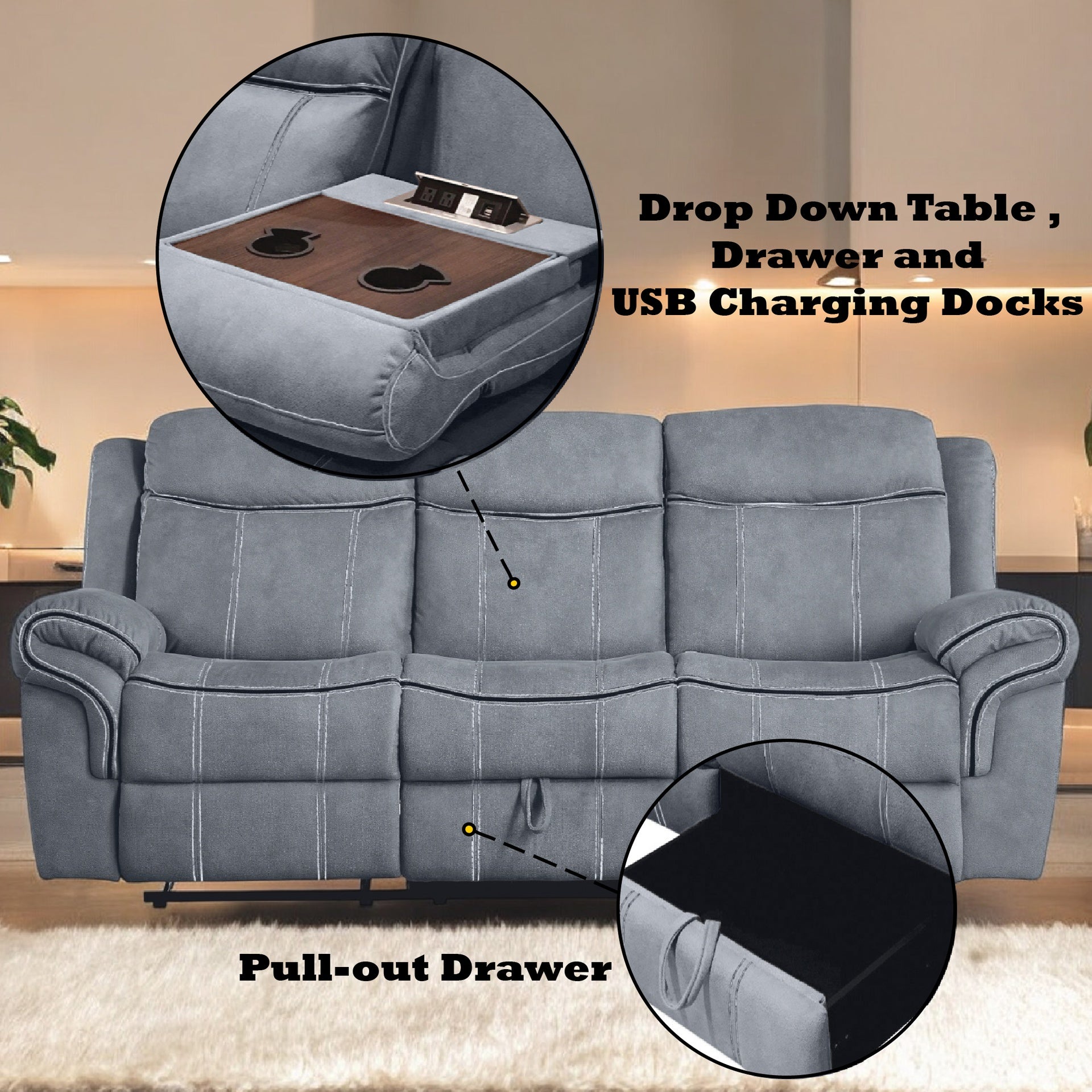 Zubaida Two Tone Gray Velvet Recliner Sofa w/USB Port & Drop Down Table