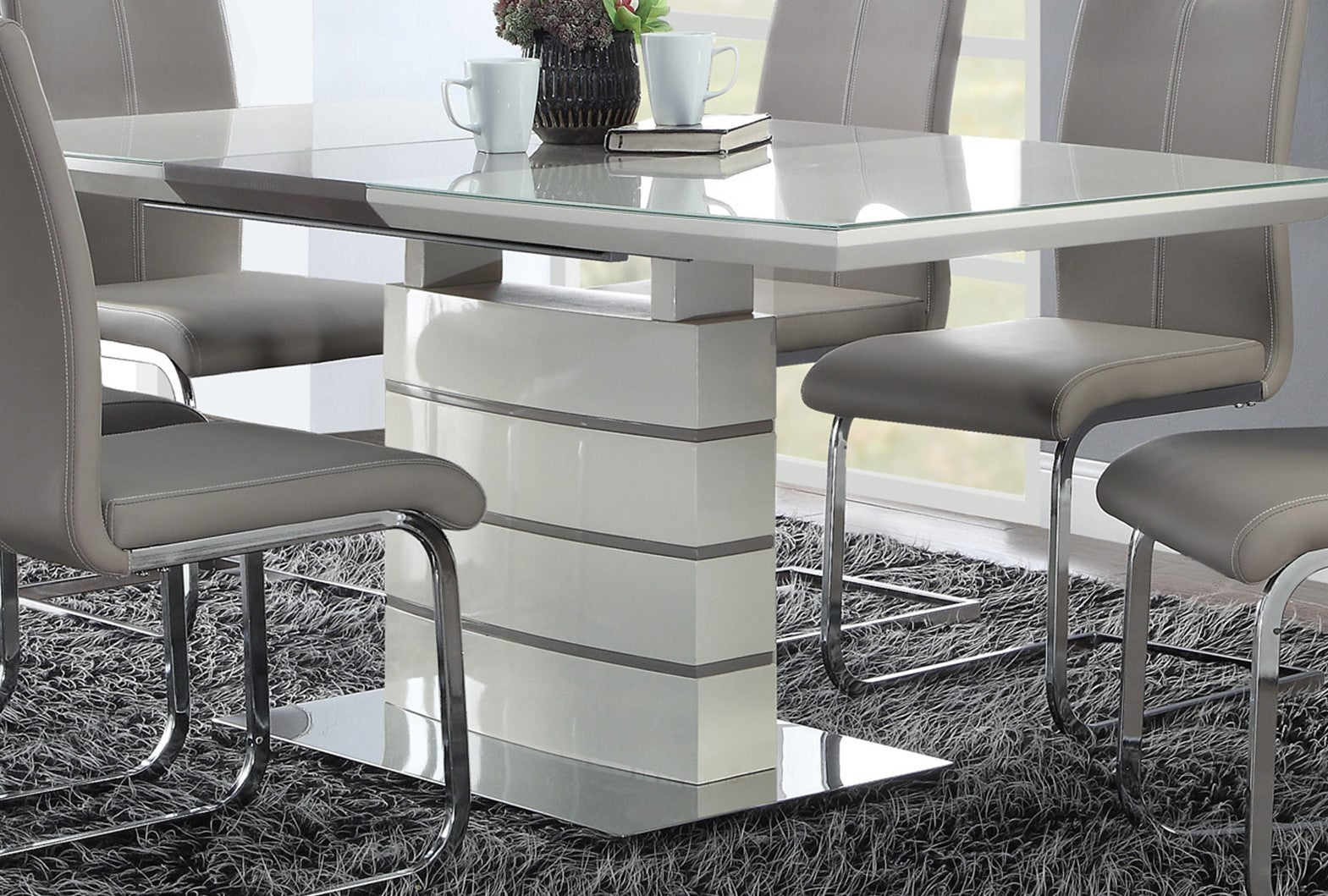 Modern Sleek Design 7pc Dining Set Table with Self-Storing Leaf and 6x Side Chairs Metal Frame Contemporary Dining Room Furniture