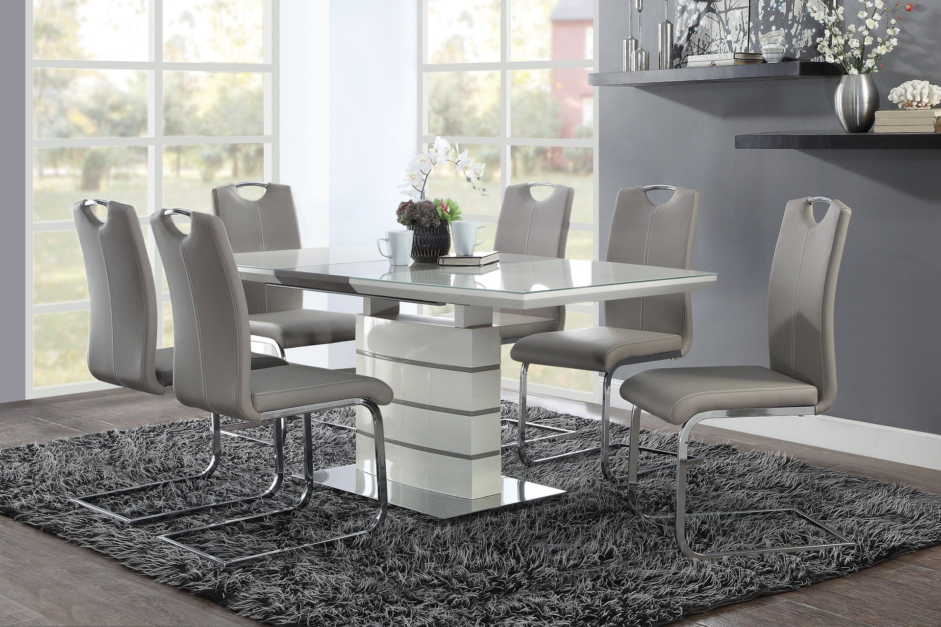 Modern Sleek Design 7pc Dining Set Table with Self-Storing Leaf and 6x Side Chairs Metal Frame Contemporary Dining Room Furniture