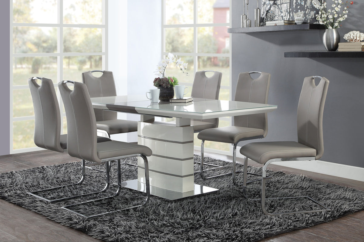 Modern Sleek Design 7pc Dining Set Table with Self-Storing Leaf and 6x Side Chairs Metal Frame Contemporary Dining Room Furniture
