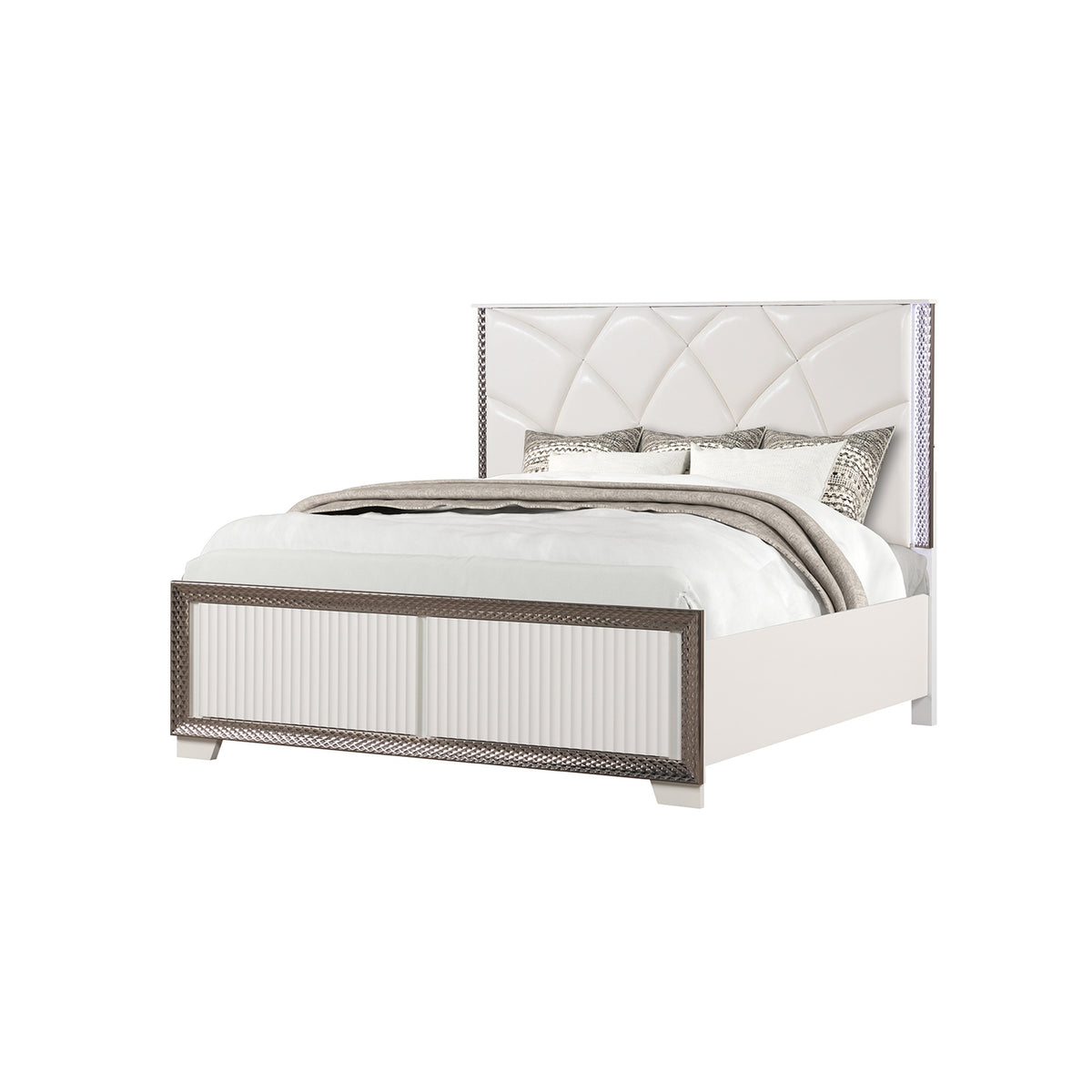 Fabio Contemporary Style Queen Tufted Bed Made with Diamond-Shaped Side Accents and LED Lighting and Wood in White Finish (CA INVENTORY)