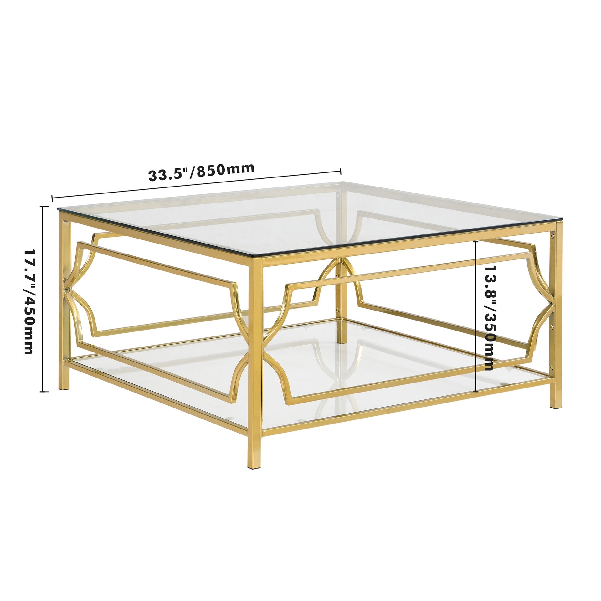 Square Glass Coffee Table in 33.5",Luxurious Geometric Metal Frame,Gold Finish & Lower Shelf