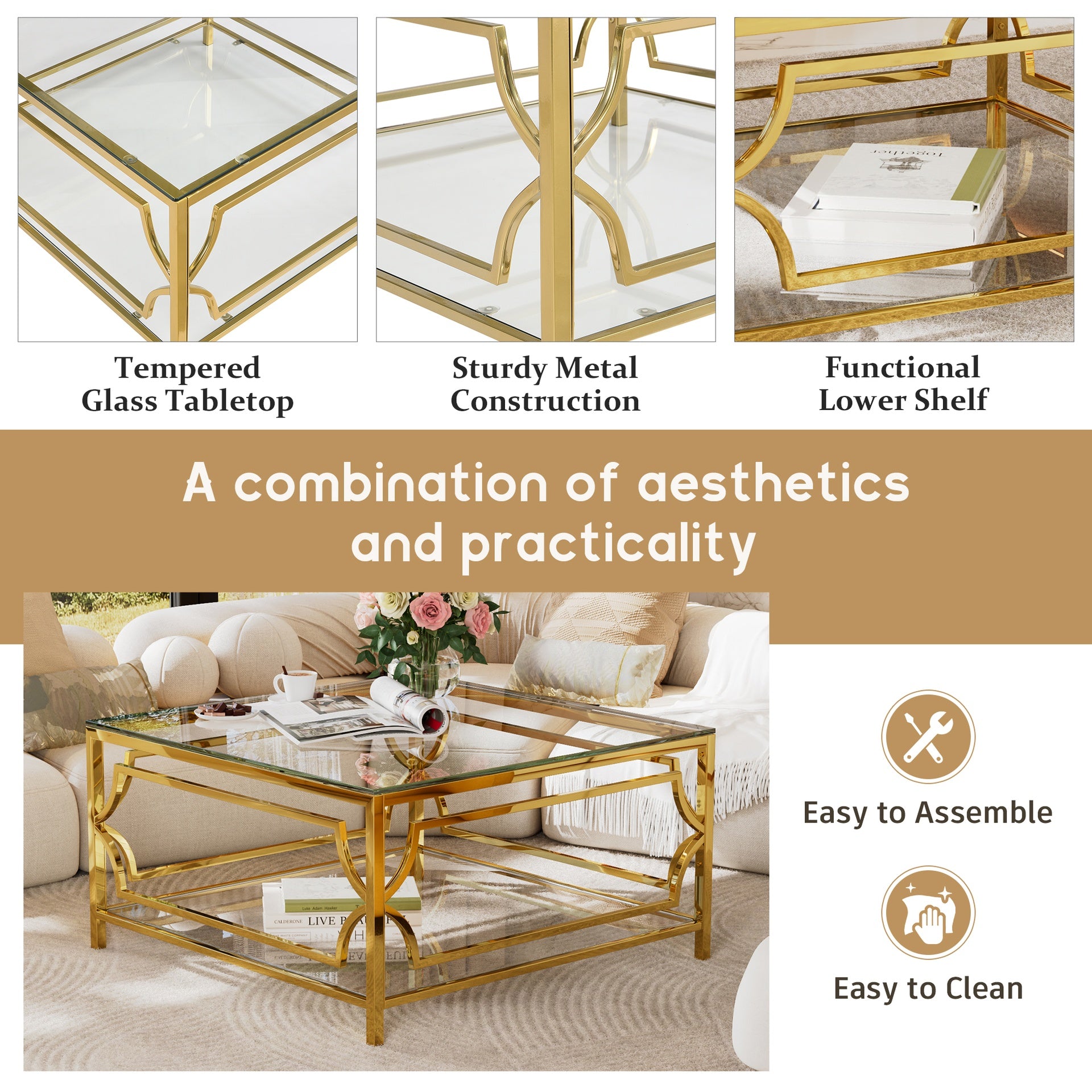 Square Glass Coffee Table in 33.5",Luxurious Geometric Metal Frame,Gold Finish & Lower Shelf