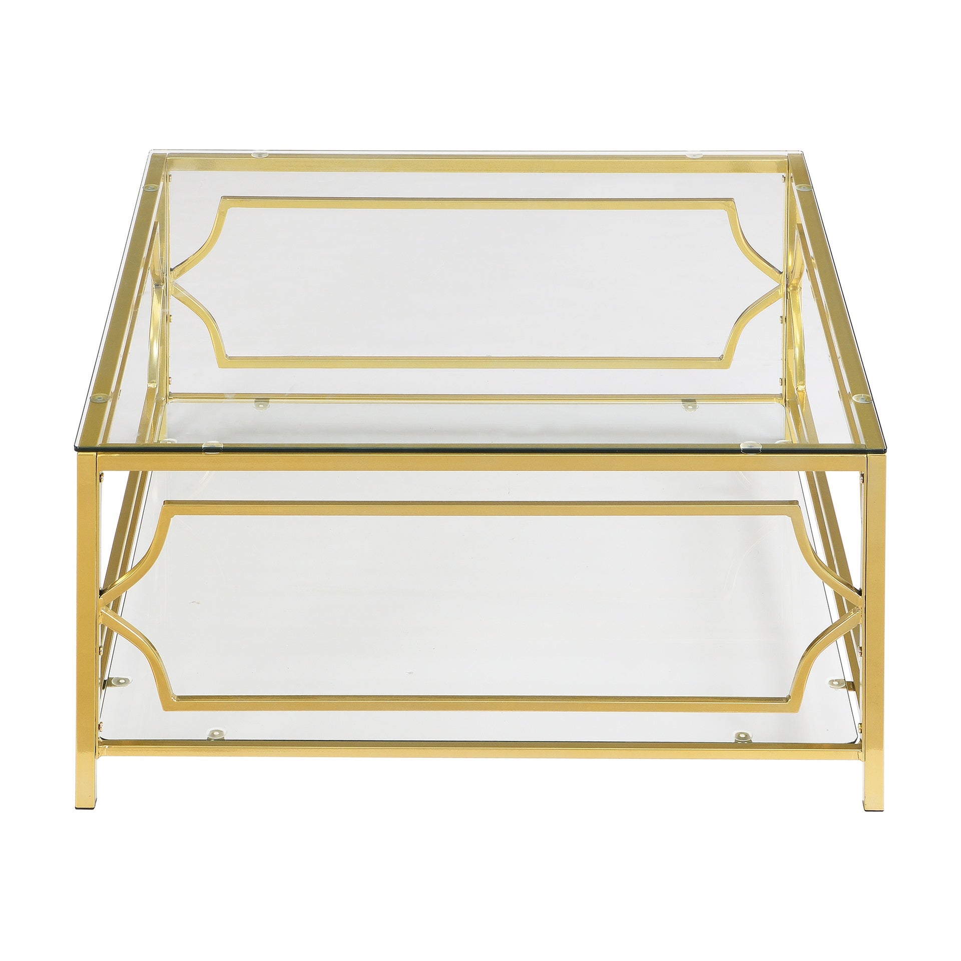 Square Glass Coffee Table in 33.5",Luxurious Geometric Metal Frame,Gold Finish & Lower Shelf