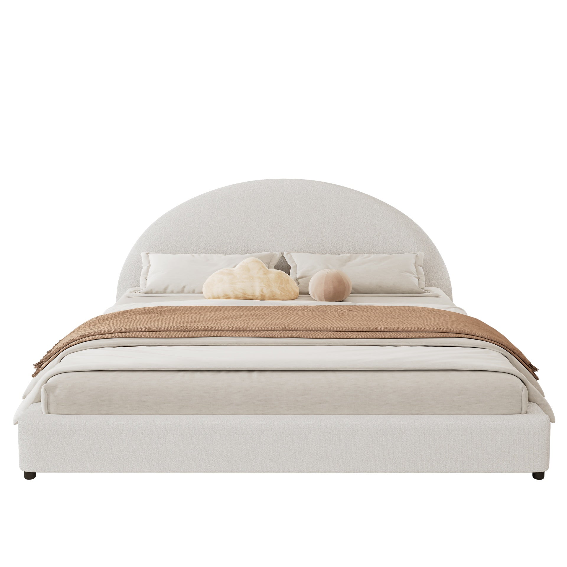 King Size Bed Frame With Boucle Upholstered Round Curved Headboard, White