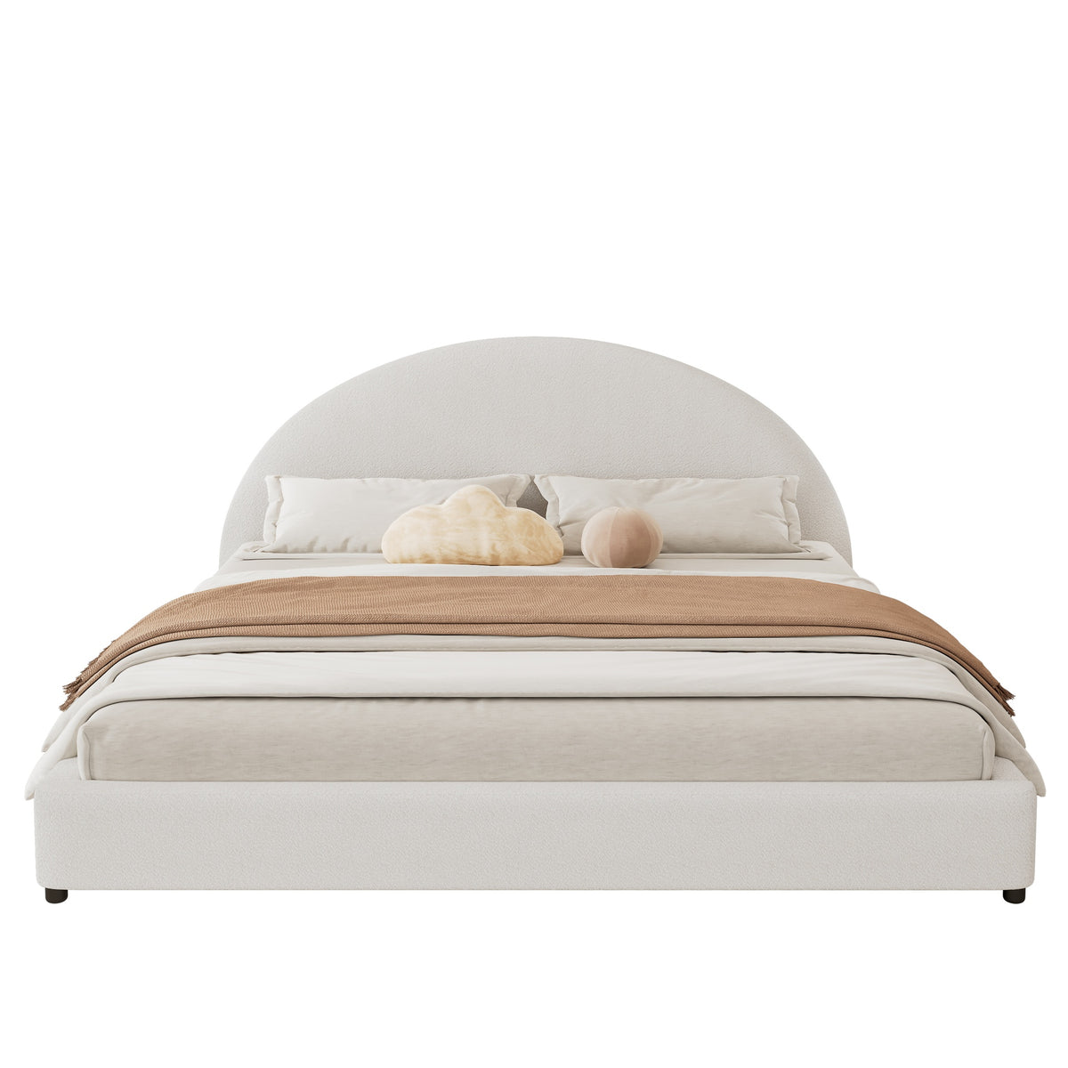 King Size Bed Frame With Boucle Upholstered Round Curved Headboard, White