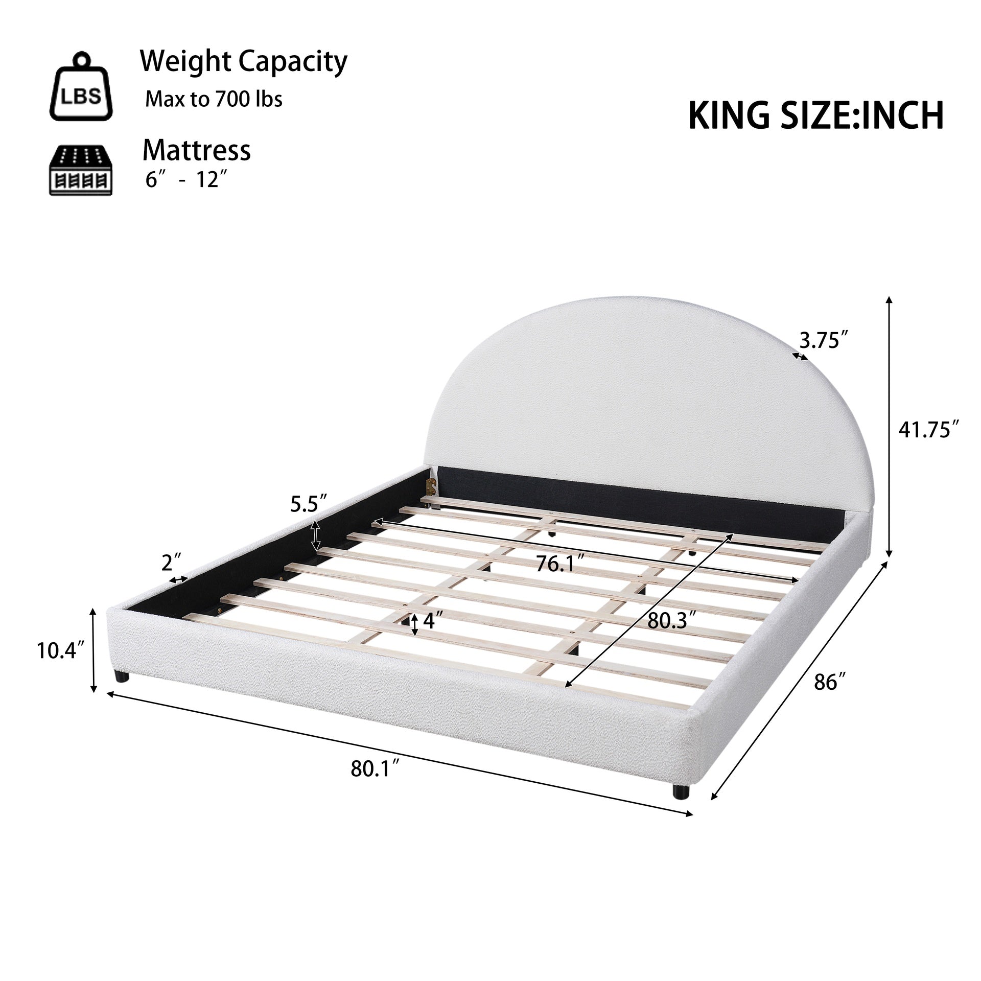 King Size Bed Frame With Boucle Upholstered Round Curved Headboard, White