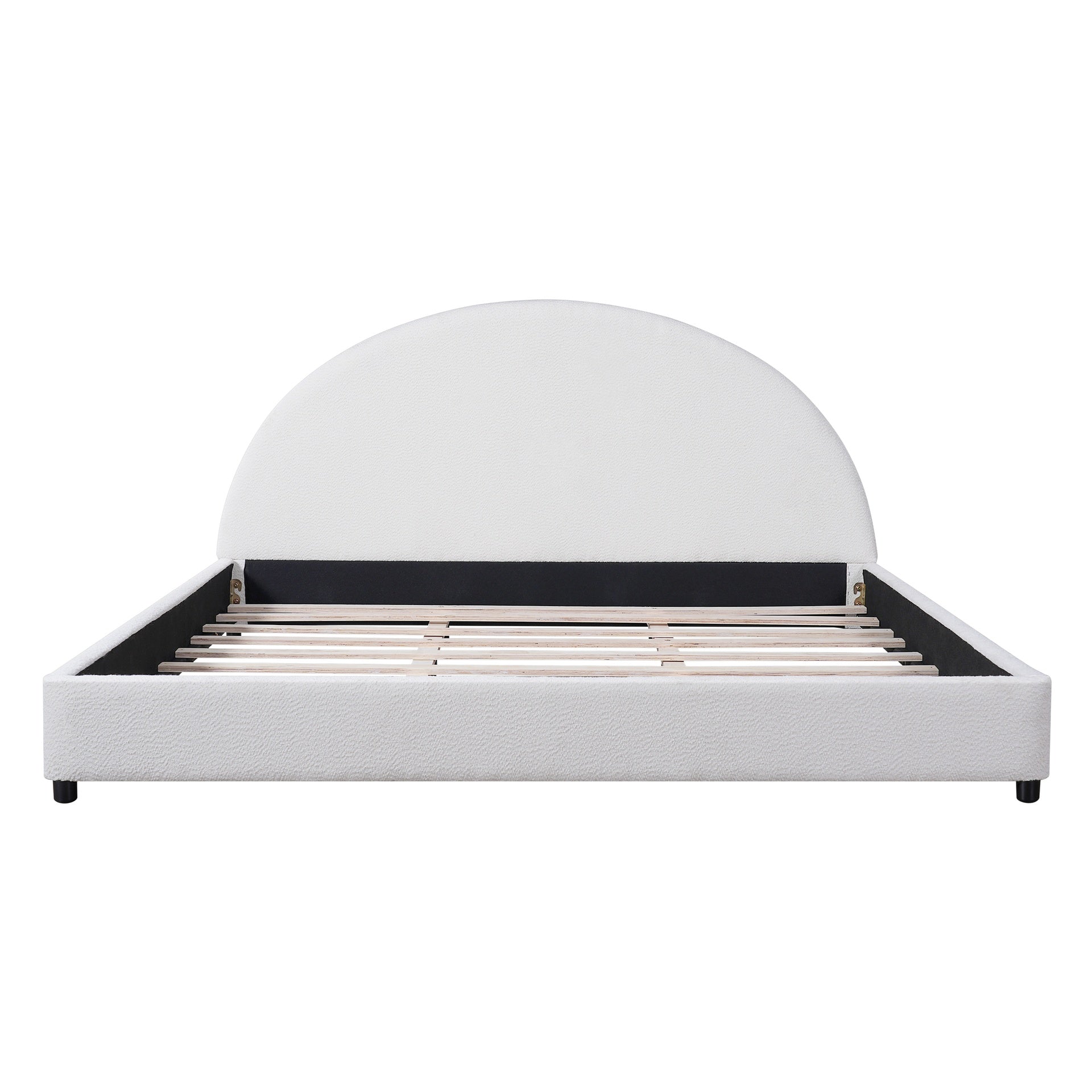 King Size Bed Frame With Boucle Upholstered Round Curved Headboard, White