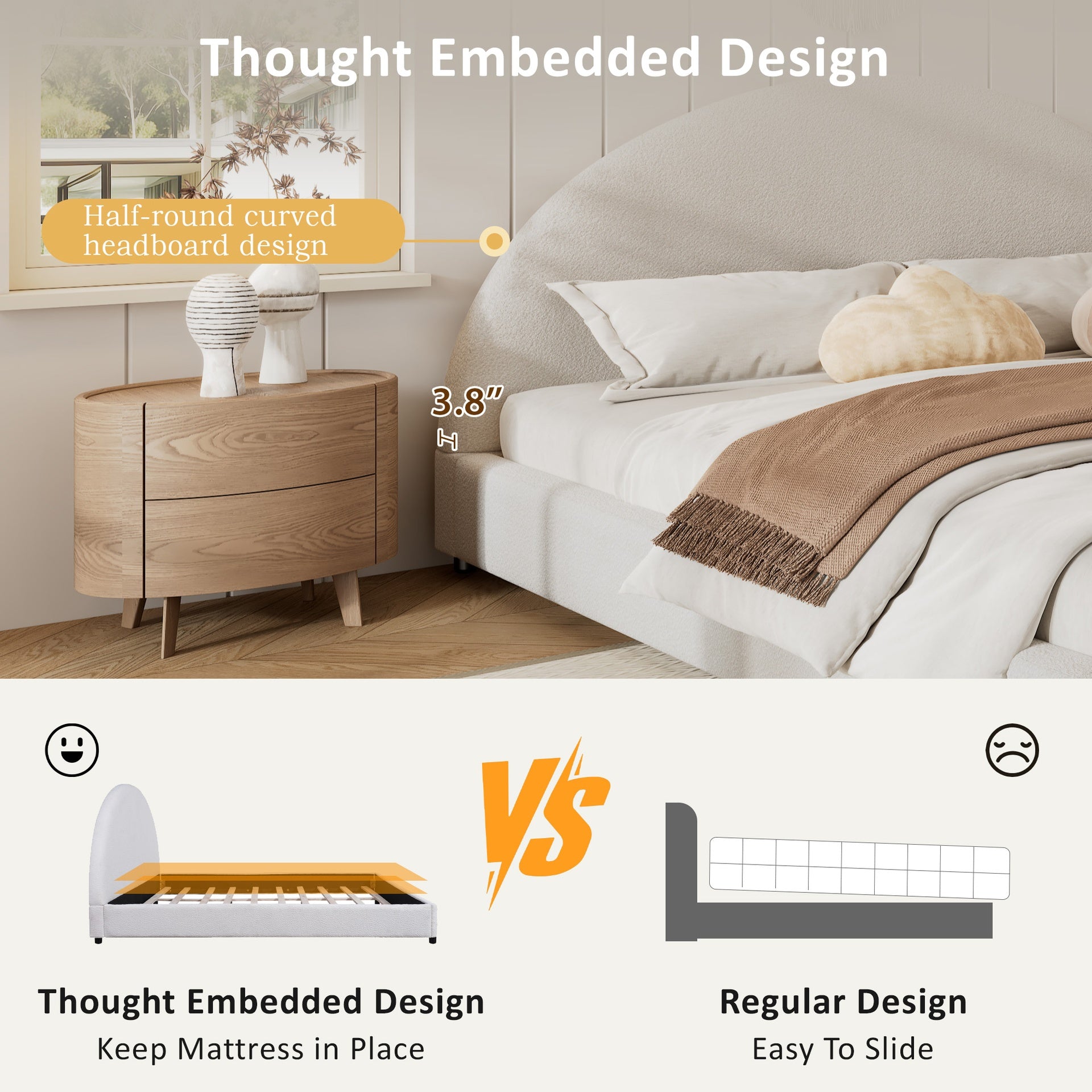 King Size Bed Frame With Boucle Upholstered Round Curved Headboard, White