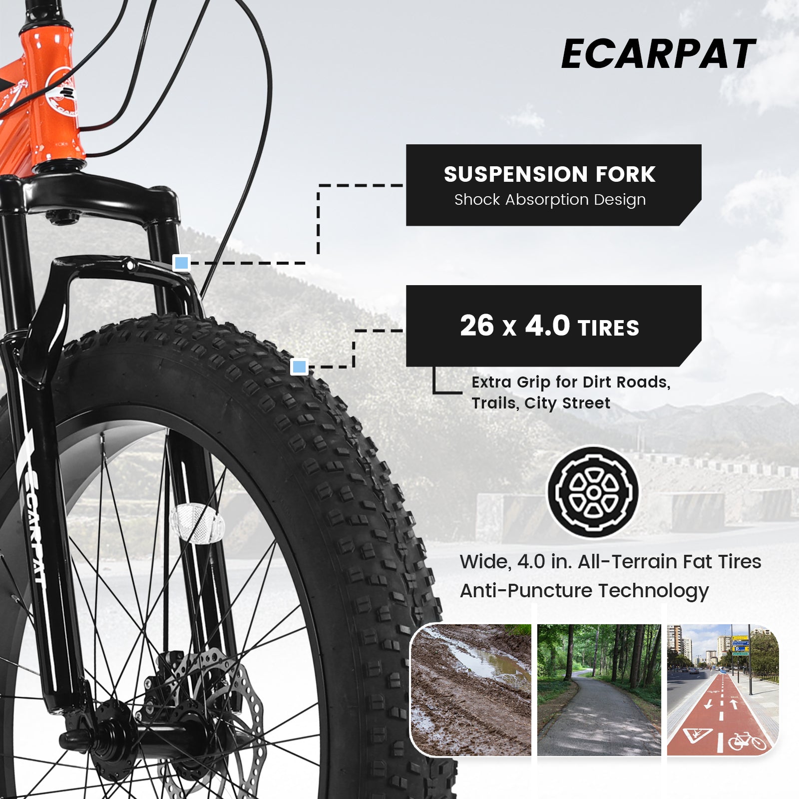 S26109 Elecony 26 Inch Fat Tire Bike Adult/Youth Full Shimano 7 Speed Mountain Bike, Dual Disc Brake, High-Carbon Steel Frame, Front Suspension, Mountain Trail Bike, Urban Commuter City Bicycle