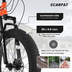 S26109 Elecony 26 Inch Fat Tire Bike Adult/Youth Full Shimano 7 Speed Mountain Bike, Dual Disc Brake, High-Carbon Steel Frame, Front Suspension, Mountain Trail Bike, Urban Commuter City Bicycle
