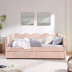 Queen Size Cozy Gingham Daybed with Two Storage Drawers, with USB Port and Adorable Wave Shaped, Linen Fabric
