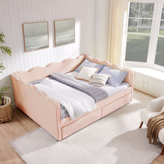 Queen Size Cozy Gingham Daybed with Two Storage Drawers, with USB Port and Adorable Wave Shaped, Linen Fabric