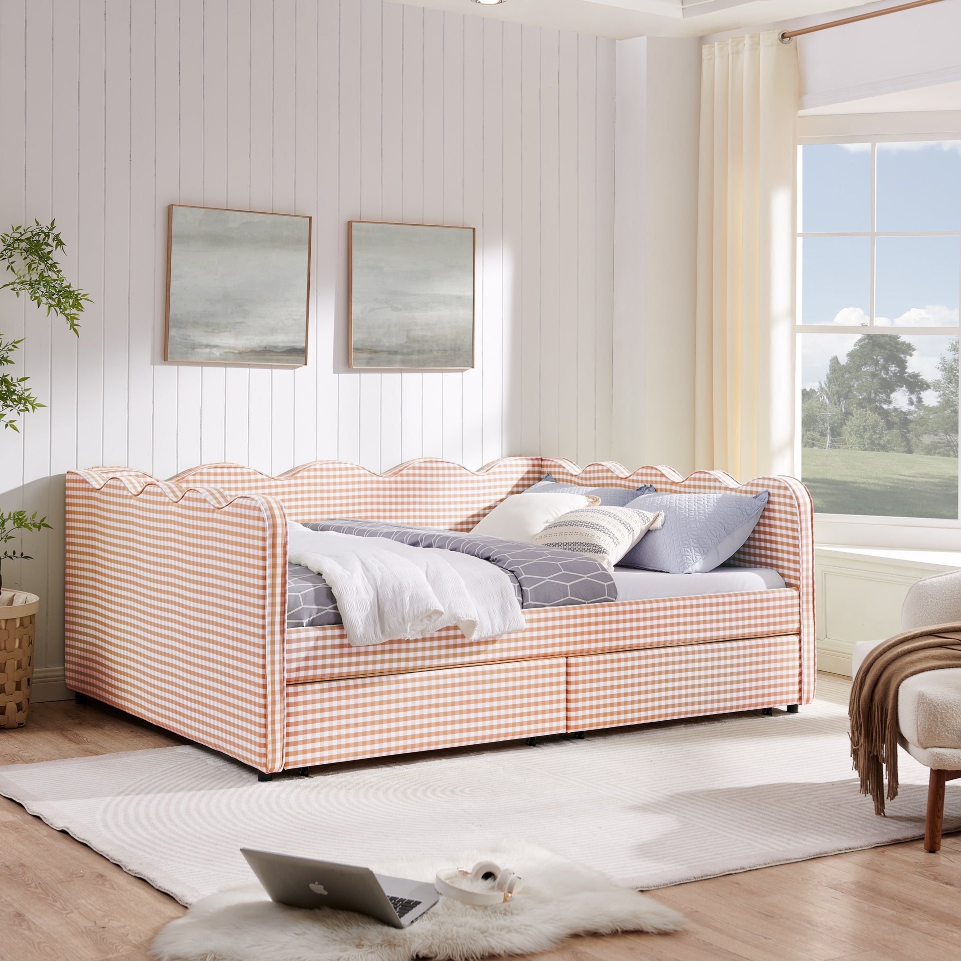 Queen Size Cozy Gingham Daybed with Two Storage Drawers, with USB Port and Adorable Wave Shaped, Linen Fabric
