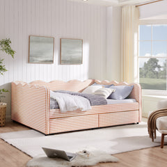Queen Size Cozy Gingham Daybed with Two Storage Drawers, with USB Port and Adorable Wave Shaped, Linen Fabric
