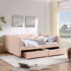 Queen Size Cozy Gingham Daybed with Two Storage Drawers, with USB Port and Adorable Wave Shaped, Linen Fabric