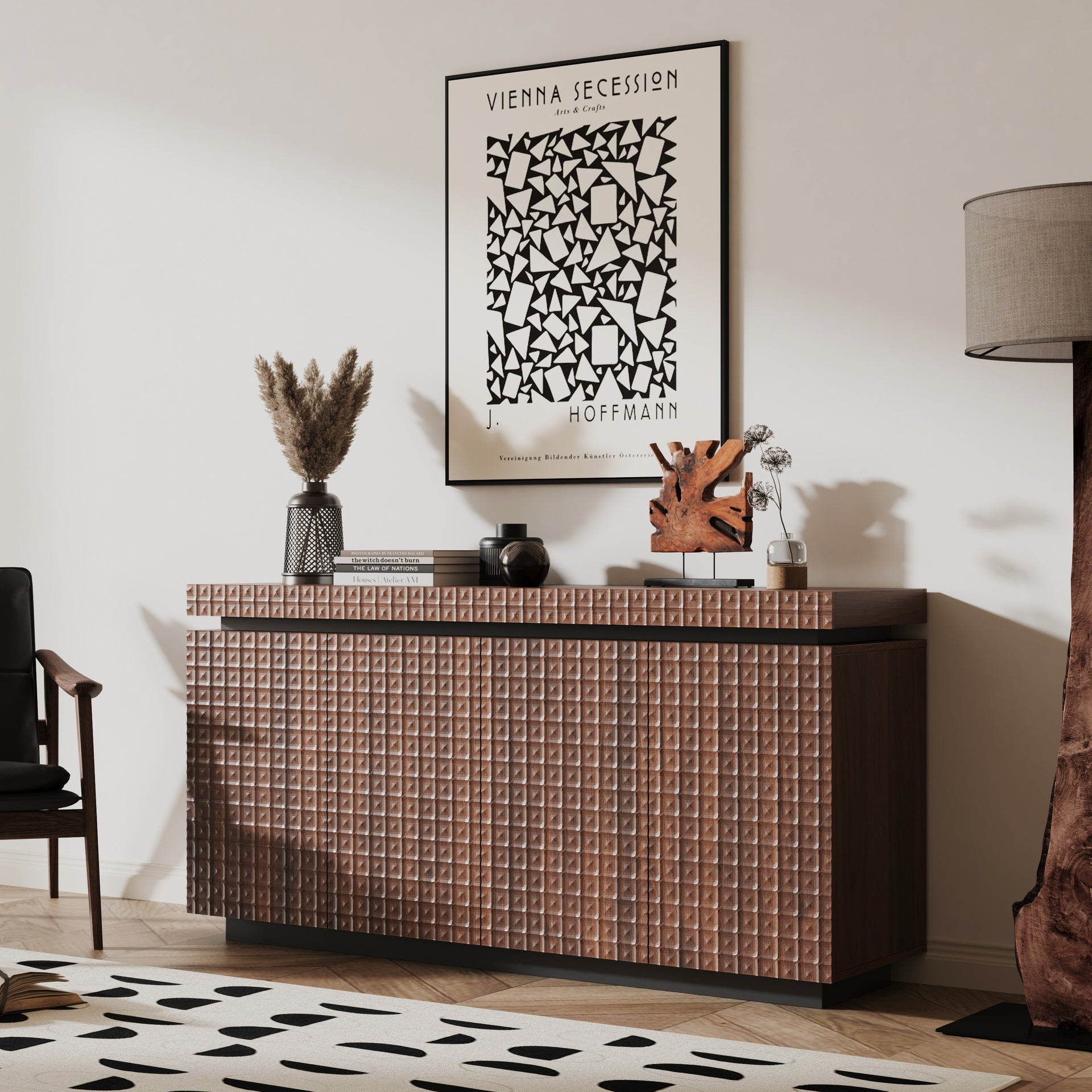 Sideboard Buffet Cabinet,Modern Accent Storage Sideboard, Luxurious Floor Cabinet Buffet with Freestanding Anti Dumping for Kitchen, Living Room, Entryway, Hallway,58.3" Wide 4-Door Sideboard(Brown)