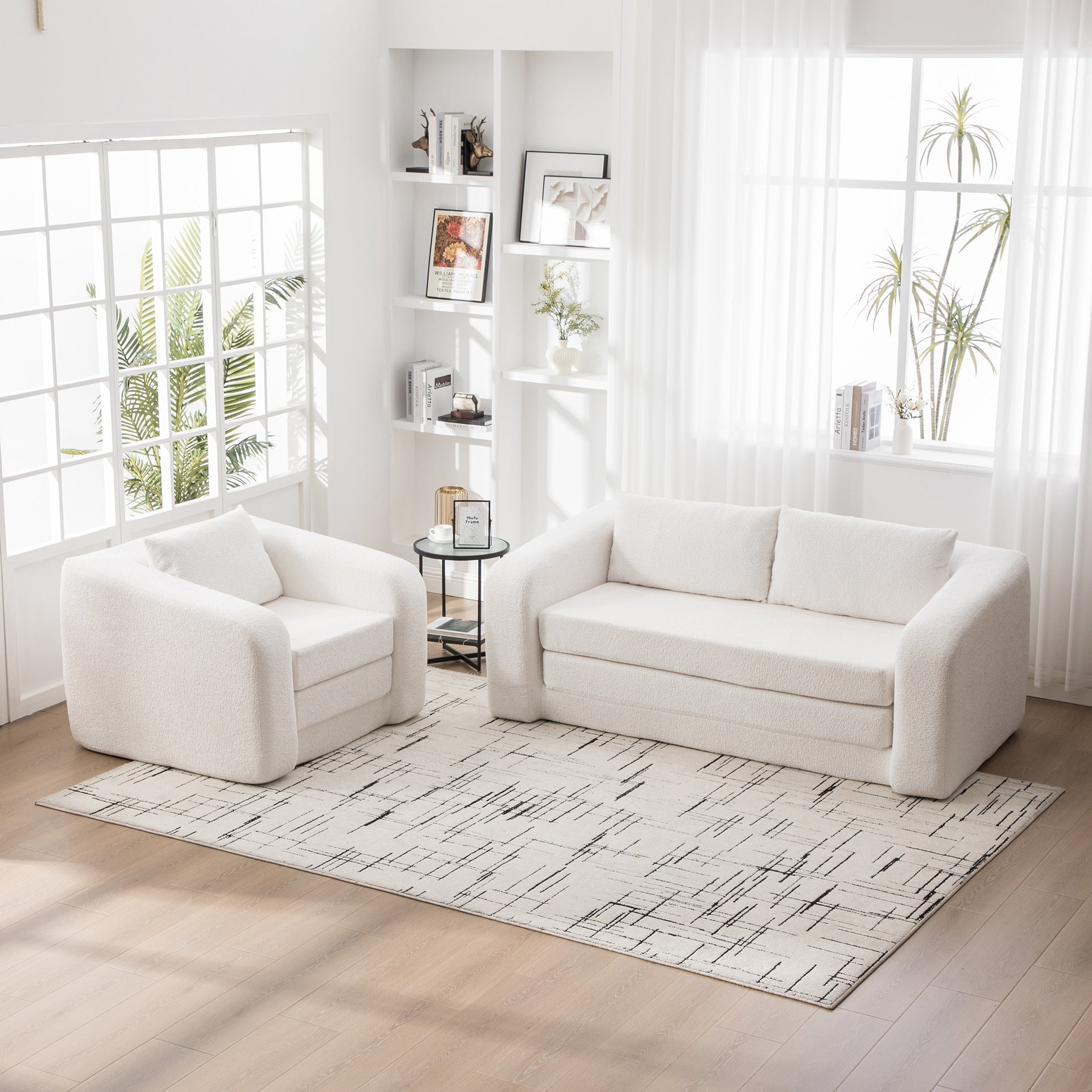 2-Piece Foldable Sofa Bed Living Room Couch Set, Convertible Chenille Boneless Cloud Floor Mattress Sleeper Lounge Accent Chair with Pillow for Apartment Living Room Bedroom Dorm Guestroom, Ivory