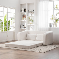 2-Piece Foldable Sofa Bed Living Room Couch Set, Convertible Chenille Boneless Cloud Floor Mattress Sleeper Lounge Accent Chair with Pillow for Apartment Living Room Bedroom Dorm Guestroom, Ivory