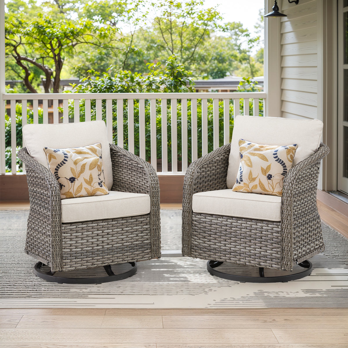 Outdoor Swivel Rocking Wicker Chairs Set of 2, PE Rattan Patio Glider Chairs with Beige Cushions for Porch or Backyard
