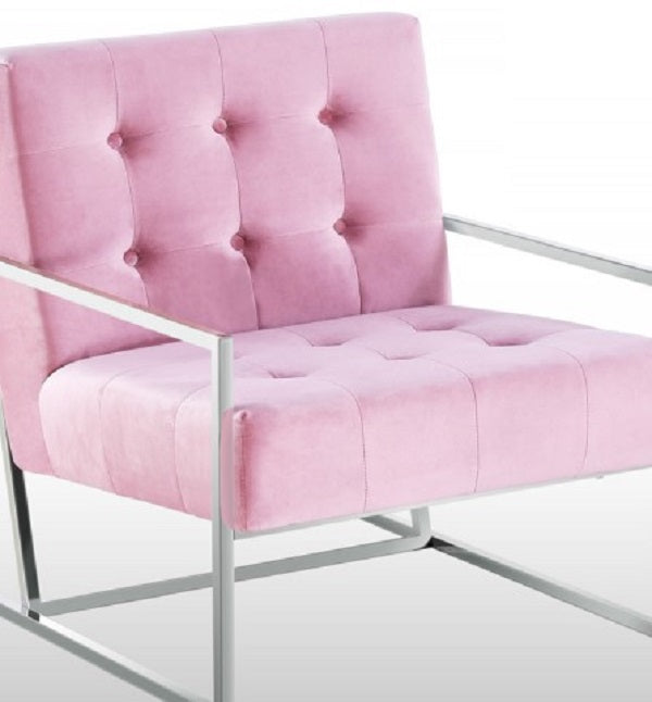 Living Room Accent Chair with Chrome Stainless Steel Frame, 1Pc Velvet Tufted Armchair, Pink
