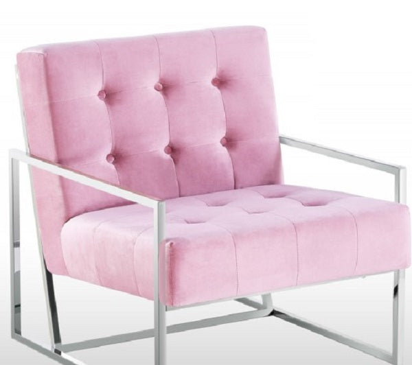 Living Room Accent Chair with Chrome Stainless Steel Frame, 1Pc Velvet Tufted Armchair, Pink