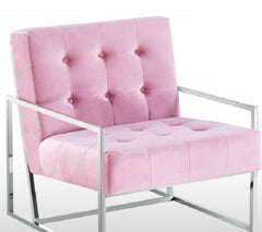 Living Room Accent Chair with Chrome Stainless Steel Frame, 1Pc Velvet Tufted Armchair, Pink