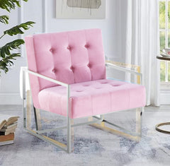 Living Room Accent Chair with Chrome Stainless Steel Frame, 1Pc Velvet Tufted Armchair, Pink
