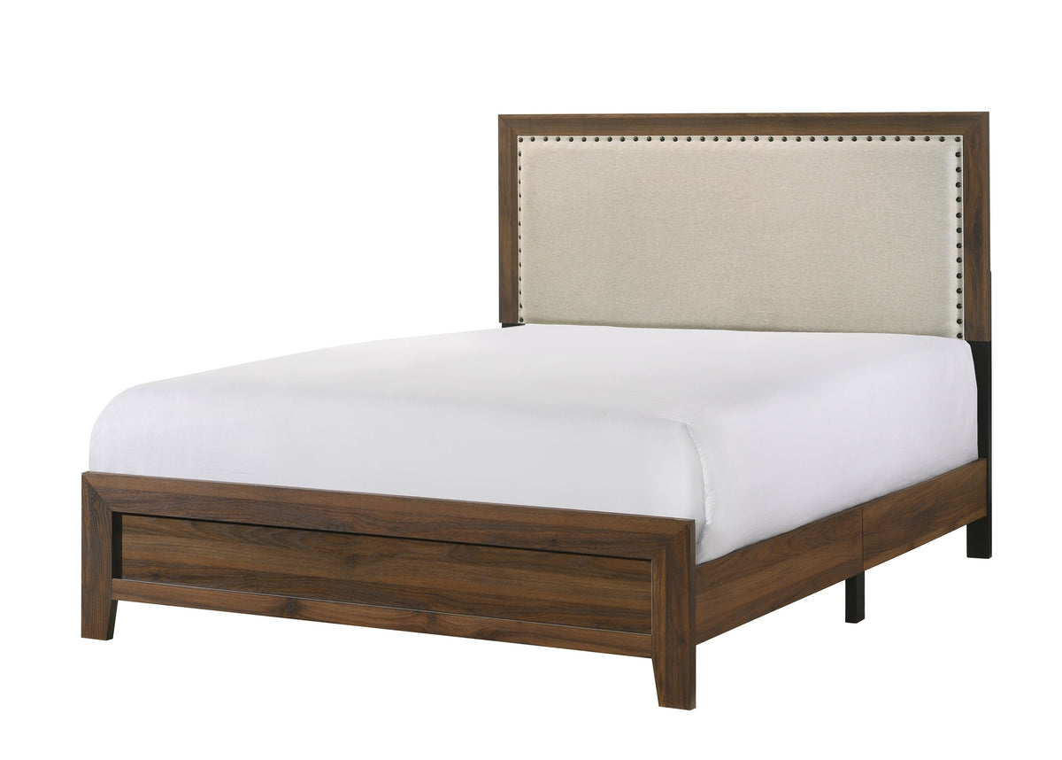Brown Cherry Finish Fabric Upholstered Headboard Tufted Nailhead Trim 1pc Full Size Panel Bed Beautiful Wooden Bedroom Furniture
