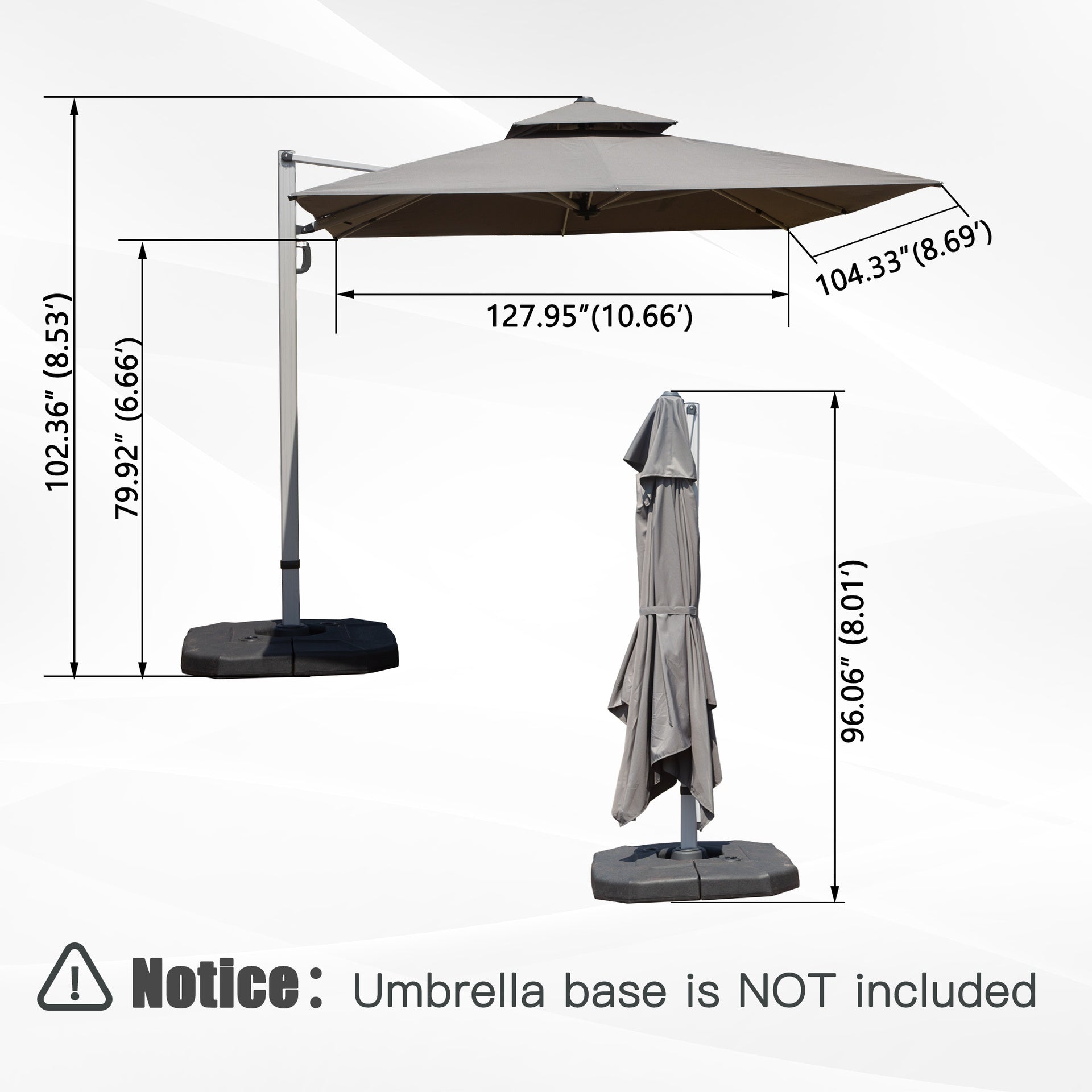 9'x 11' Rectangle Cantilever Umbrella with Center Pole, Gray (Base Not Included)