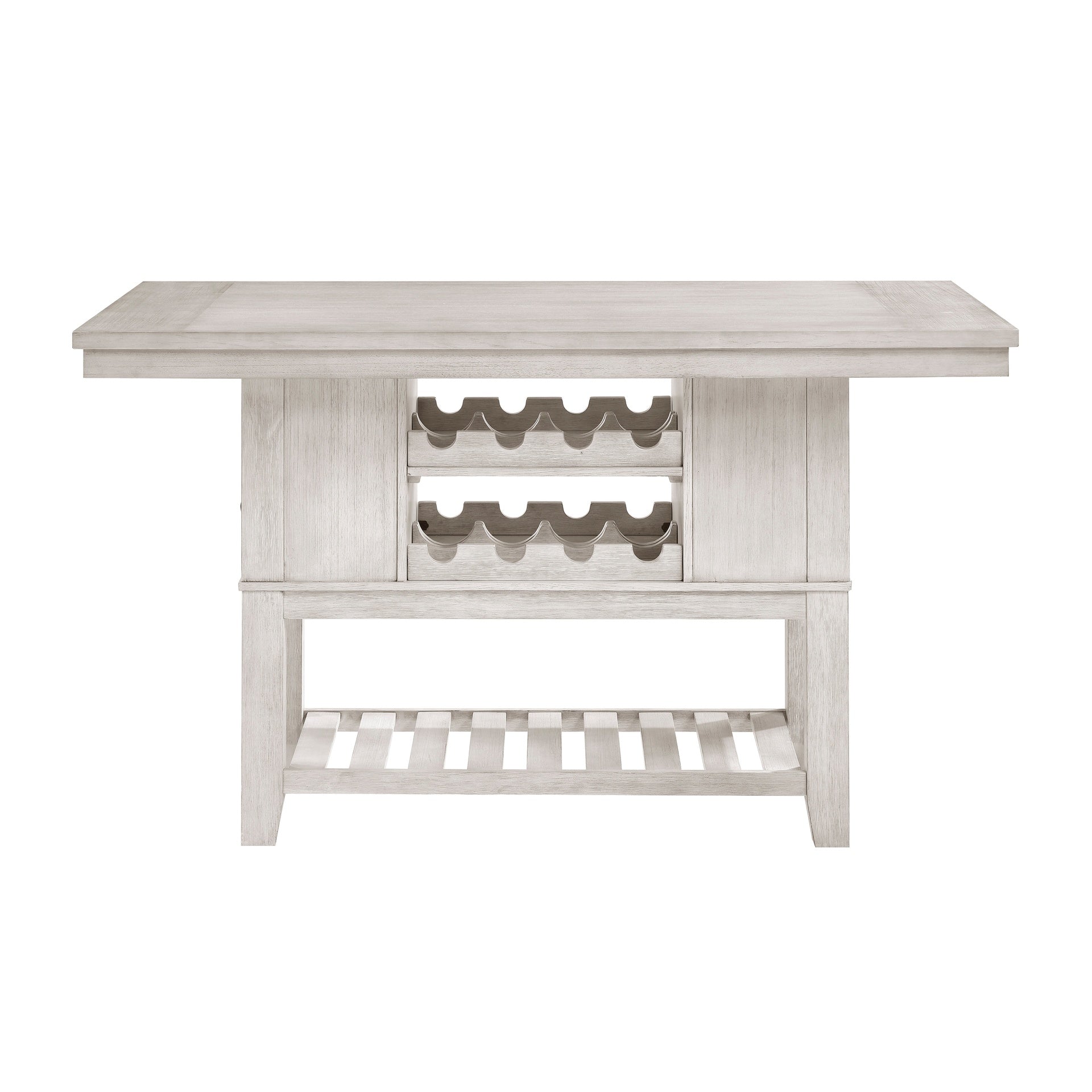 7pc Counter Height Dining Set Antique White Finish Table with Storage Drawers Wine-Rack Shelves 6x Chairs Upholstered Seat Furniture