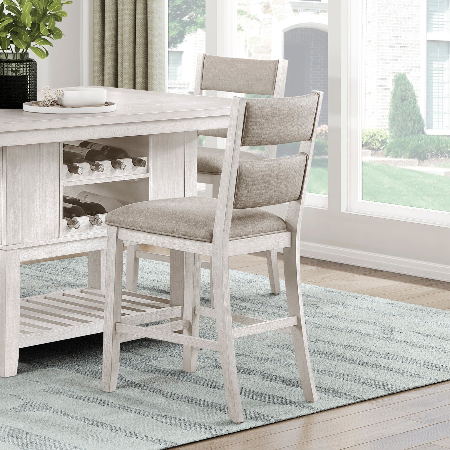 5pc Counter Height Dining Set Antique White Finish Table with Storage Drawers Wine-Rack Shelves 4x Chairs Upholstered Seat Furniture